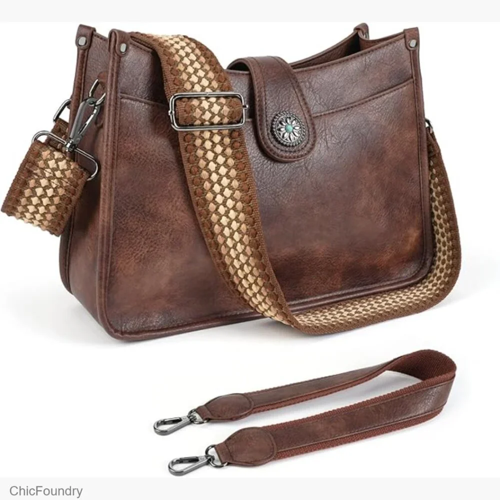 Vegan Leather Hobo Crossbody Bag with 2 Detachable Straps, Large Capacity